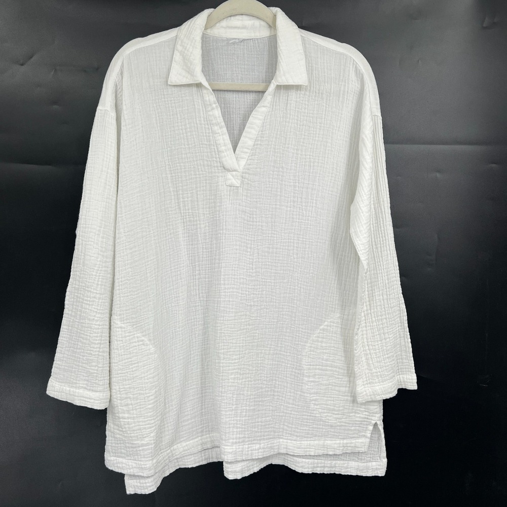 J. Jill white gauze 100% organic cotton tunic top popover coastal grandma boho L